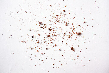 Scattered crumbs of chocolate biscuits on white background