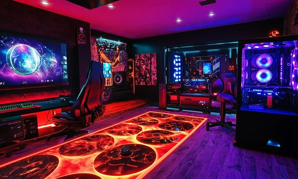 Vibrant RGB gaming setup with large screen, custom PC, and illuminated floor.