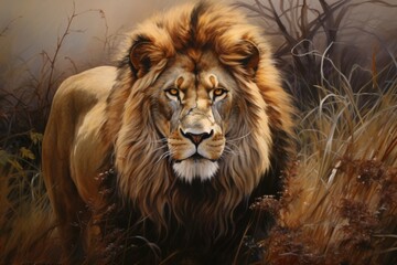 Fototapeta premium Majestic Lion Stands Proudly in Grass: A Realistic Portrait