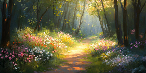 Obraz premium Scenic Forest Path Lined with Wildflowers and Sunlight