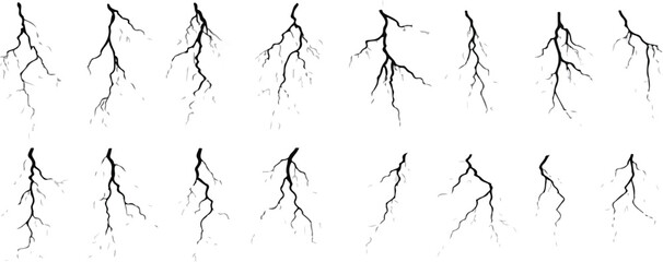 Obraz premium Print Lightning strike bolt silhouettes vector illustration set. Black thunderbolts and zippers are natural phenomena isolated on a white background. Thunderstorm electric effect of light and shinin