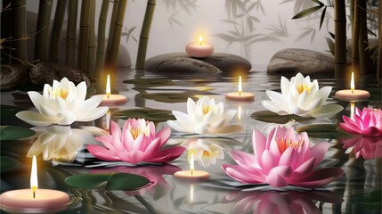 A serene spa scene with floating pink and white lotus flowers on the surface of a calm water basin surrounded by soft candlelight, natural bamboo background, more clarity with clear light