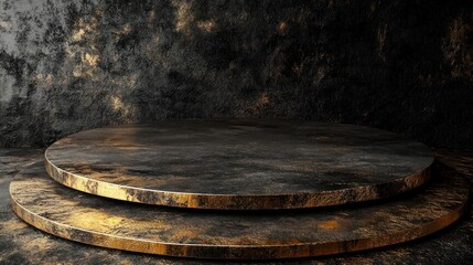 Fototapeta premium Elegant Gold and Black Circular Pedestal Display, Dark Moody Background