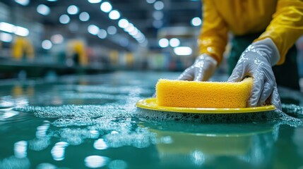Industrial Cleaning: A Worker Carefully Washes a Surface with a Yellow Sponge in a Factory Setting
