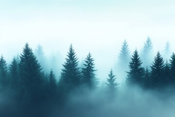 Misty forest landscape with dark evergreen trees.