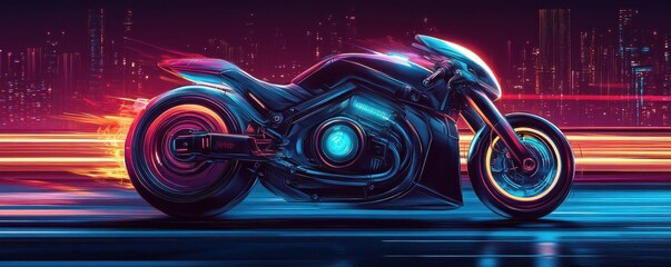 A futuristic motorcycle with neon accents and a dynamic background, evoking a sense of speed and technology in a vibrant, cyberpunk atmosphere.