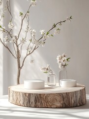 Minimal modern product display on white background. Wood slice podium and spring brunches.