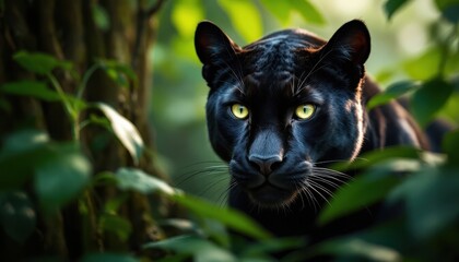Majestic Black Panther: A Captivating Portrait of a Rare Creature in its Lush Tropical Habitat, showcasing its Intense Gaze and Mysterious Aura