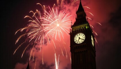 Spectacular Fireworks Display Over the Iconic Elizabeth Tower (Big Ben) in London, Celebrating a Festive Occasion with Vibrant Pyrotechnics Illuminating the Night Sky