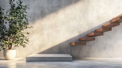 Naklejka premium Modern minimalist interior design featuring a wooden staircase, concrete platform, and a potted plant casting shadows against a textured wall in a bright space