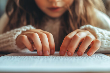 Hand of a blind person reading some braille text touching the relief. World Braille Day