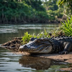 Obraz premium A black caiman resting on the riverbank with birds perched nearby.