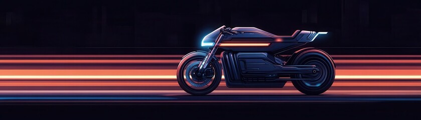 Obraz premium A sleek, futuristic motorcycle speeds through vibrant, glowing streaks of light, showcasing a blend of modern design and dynamic motion.