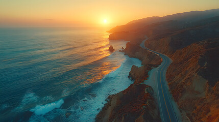 breathtaking aerial view of a winding road along rugged ocean cliffs during sunset. The golden...