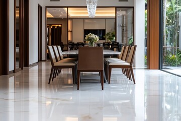 Modern dining room with large table, leather chairs, and marble floor.