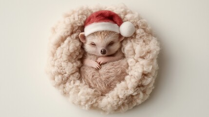 Obraz premium Little hedgehog in a Santa Claus hat curled up and sleeping on a warm blanket, waiting for Christmas and the holiday. Merry Christmas and Happy New Year 