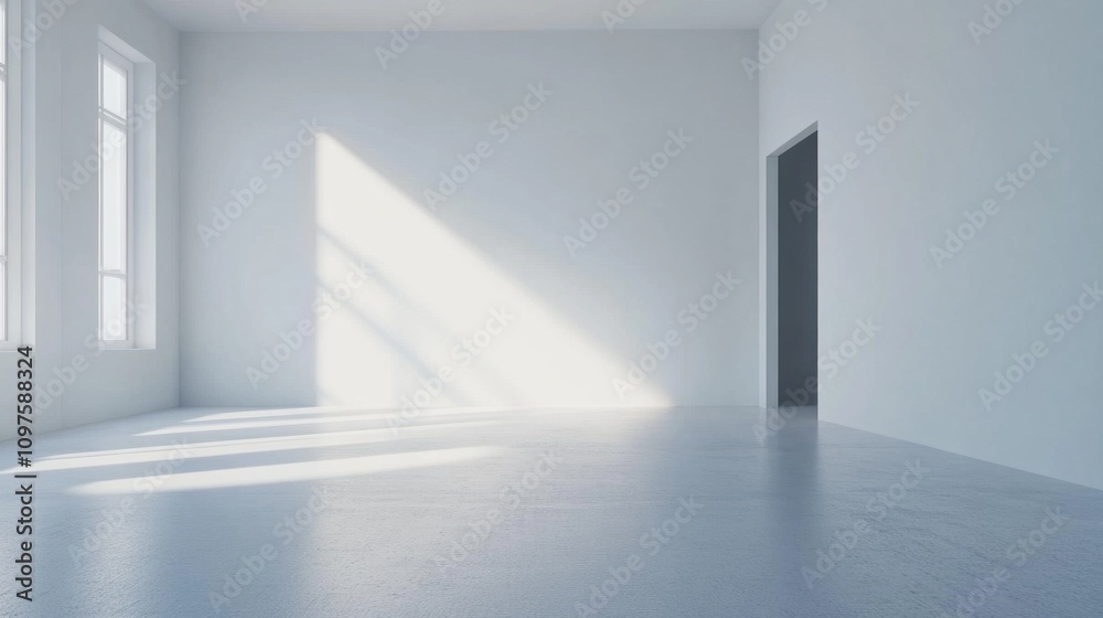 Poster a large, empty room with a window and a door