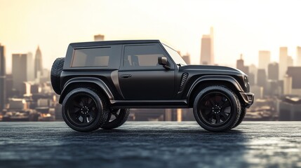 A modern four-wheel SUV PNG mockup with sharp details and transparent layers, set against a cityscape