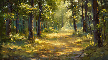 Obraz premium A tranquil landscape painting of a peaceful forest glade, with sunlight filtering through the trees and dappling the forest floor with patches of golden light.