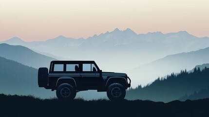 Fototapeta premium A rugged four-wheel SUV mockup with transparent features, set against a mountain silhouette for an adventure theme