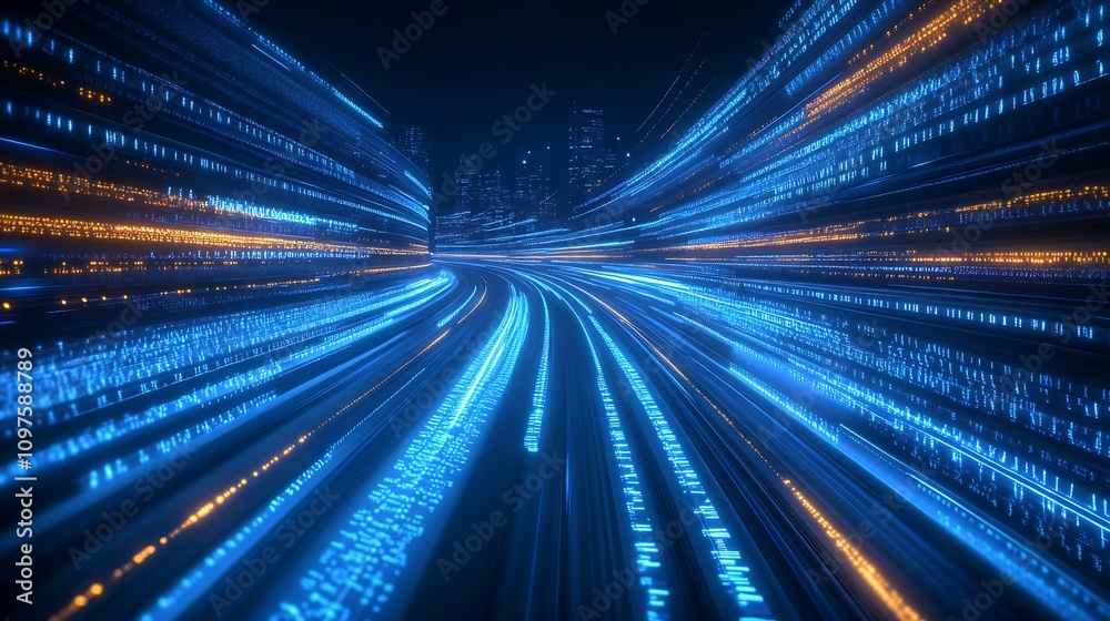 Poster blue and orange light streaks in a digital city symbolizing fast-paced tech and cyber connectivity :