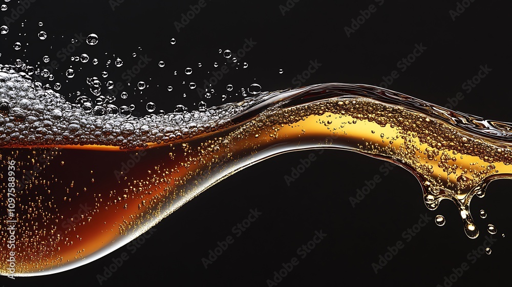 Aufkleber Dynamic Fluid Transition of Refreshing Cola with Bubbles Against Dark Backdrop : Generative AI