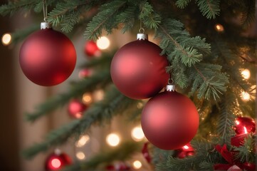 Obraz premium Red Christmas Ornaments on a Christmas Tree