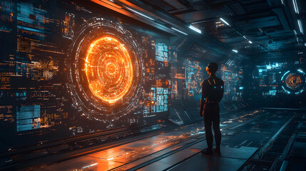 futuristic scene showing a silhouetted individual observing a glowing orange circular digital interface in a high-tech corridor. The setting features advanced technology and a cyberpunk vibe.