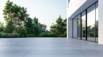 Modern house patio with large glass doors and lush green garden view.