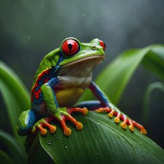 Fototapeta premium A red-eyed tree frog sitting on a bromeliad leaf in a misty jungle.