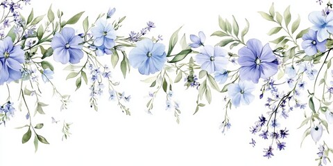 Watercolor Floral Garland with Light Purple and Blue Flowers Green Leaves Botanical Design
