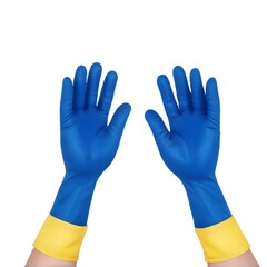 Obraz premium A pair of vibrant blue cleaning gloves with yellow cuffs, isolated on a white background, ready for any cleaning task.
