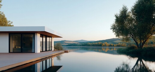 Fototapeta premium Modern lake house with infinity pool, tranquil landscape.
