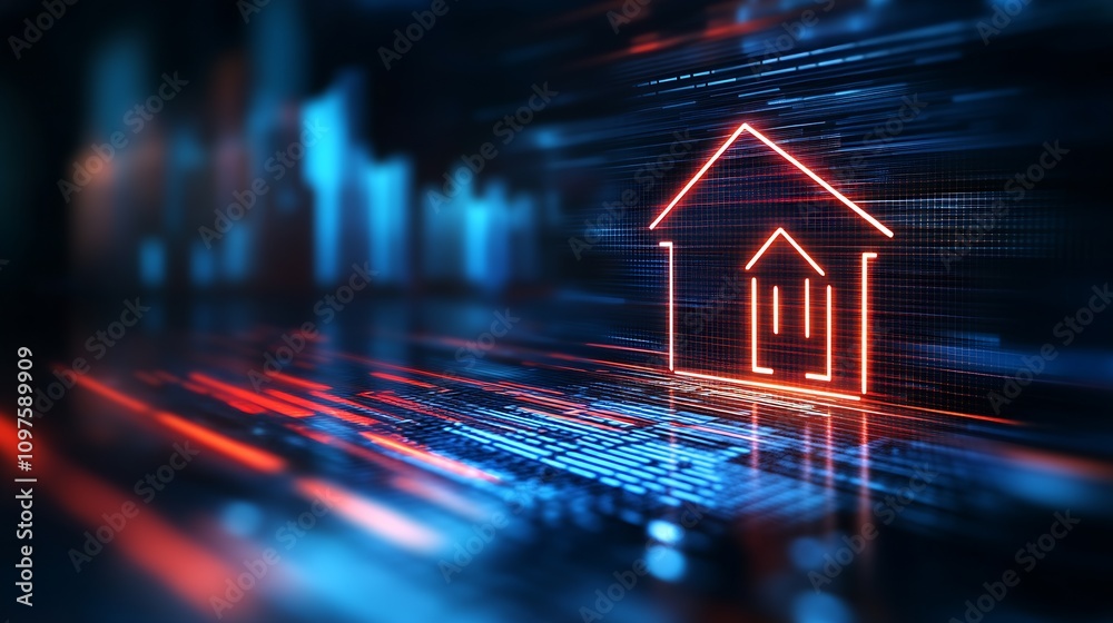 Poster Neon Red Glowing House Icon with Abstract Cityscape and Digital Network in Background : Generative AI