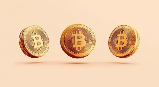 3D Rendered Gold Coins with Symbols Floating on a Neutral Background Cryptocurrency Concept