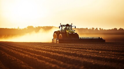 Fototapeta premium Powerful Agricultural Tractor Plowing Field at Dawn with Dust : Generative AI