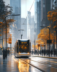 Obraz premium Downtown Professional Dynamic, Modern Tram Moving Through Skyscraper District