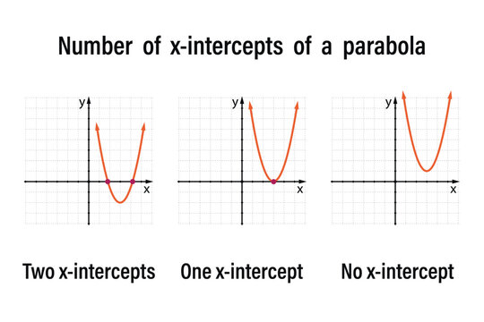 Number of x-intercepts of a parabola on the white background. Education. Science. School. Vector illustration.