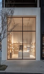 Modern minimalist retail store exterior at dusk.
