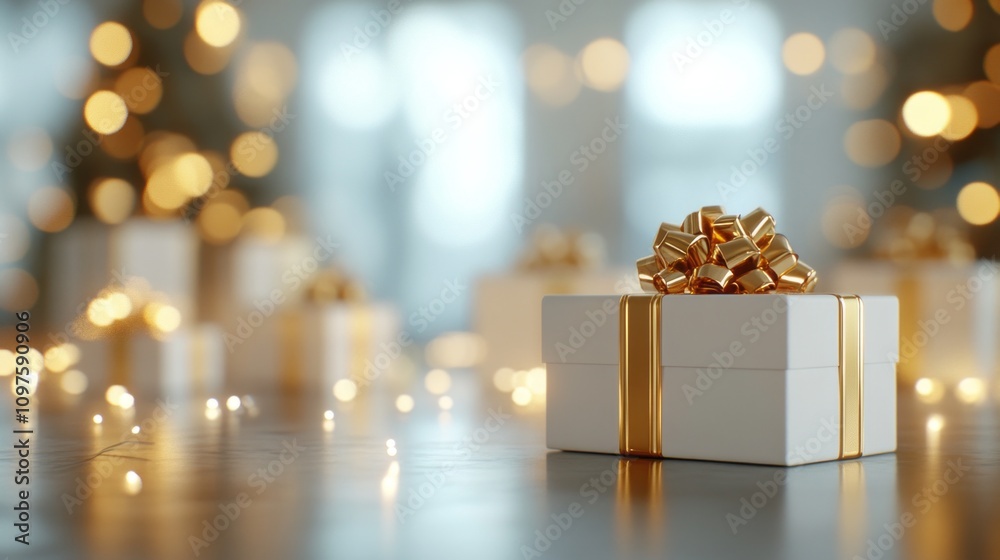 Poster a white box with a gold bow on top of it is the center of attention in a room wi