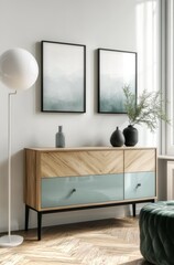Stylish Modern Living Room Corner with Mid-Century Sideboard and Green Accents