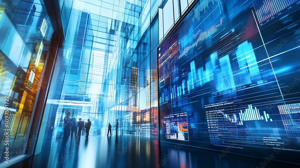 Poster futuristic business office with digital data screens in modern urban building : generative ai