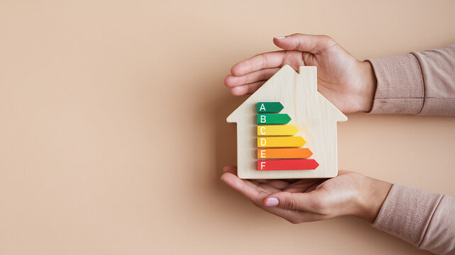 Hands holding wooden house with house efficiency rating, ecological house, sustainable development concept