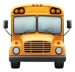 Front view of a bright school bus with large windows isolated on transparent background