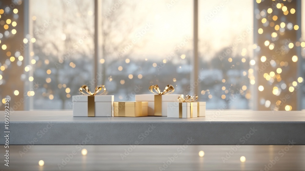 Poster a table with a stack of white boxes with gold ribbons on top