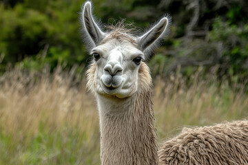 Llama standing in a paddock with a curious expression