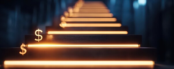 economics GDP analysis concept. A glowing path with dollar symbols suggests a journey towards wealth or prosperity, set in a dimly lit, mysterious environment.