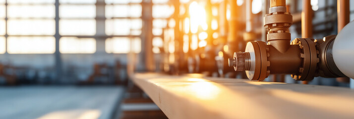 A detailed view of industrial pipes and valves inside a factory, kissed by streaming sunlight, showcasing the blend of machinery and aesthetics.