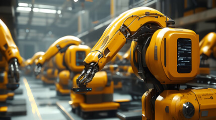 Fototapeta premium Robotic automation advancements in industrial manufacturing factory setting technology showcase modern environment close-up view innovation insights