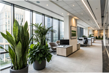 Photo  office interior is sleek and contemporary, featuring green plants and a blend of corporate and design themes.